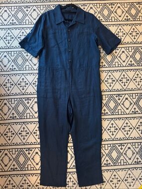 Donna Karan Dark Navy Short-Sleeve Button Jumpsuit
